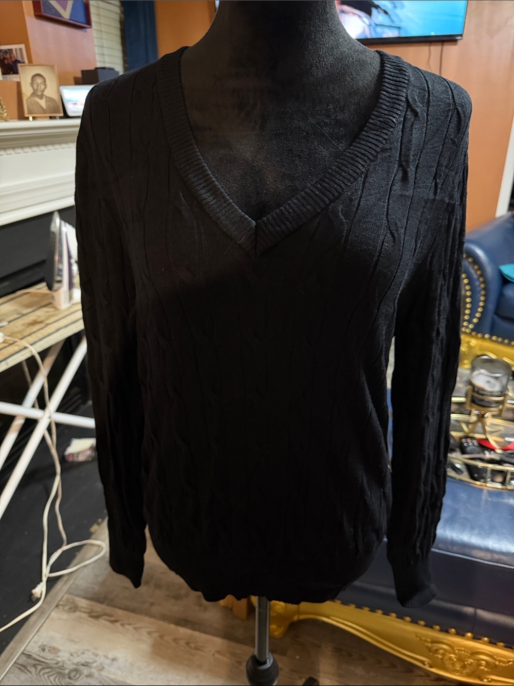 Cielo Black V-Neck Cable Knit Sweater for Women